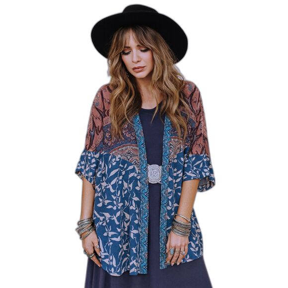 Umgee Boho Mixed Print Kimono Cardigan Paisley & Floral Flowy Light Layer S M L - Picture 1 of 6
